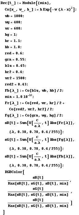 Rec[t_] := Module[{min}, 
Co[x_, w_, h_] := h Exp[-w ( - x)^2] ; 
wb = 1000 ; 
wg = 400 ; 
 ... ], sB[t], min], 
sG[t]/Max[sR[t], sG[t], sB[t], min] , 
sB[t]/Max[sR[t], sG[t], sB[t], min] ] 
]