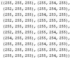{{255, 255, 255}, {255, 254, 255}, {252, 255, 255}, {255, 254, 253}, {255, 253, 255}, {254,  ...  255, 255}, {254, 255, 253}, {252, 255, 255}, {255, 255, 255}, {255, 255, 253}, {255, 254, 255}}