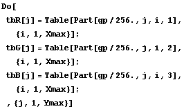 Do[
tbR[j] = Table[Part[gp/256., j, i, 1], {i, 1, Xmax}] ; 
tbG[j] = Table[Part[gp/256., j, i, 2], {i, 1, Xmax}] ; 
tbB[j] = Table[Part[gp/256., j, i, 3], {i, 1, Xmax}] ; 
, {j, 1, Ymax}]