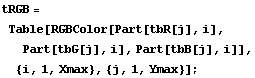 tRGB = Table[RGBColor[Part[tbR[j], i], Part[tbG[j], i], Part[tbB[j], i]], {i, 1, Xmax}, {j, 1, Ymax}] ;