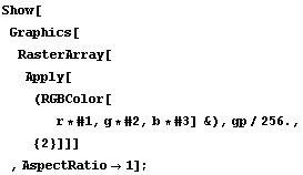 Show[Graphics[RasterArray[Apply[(RGBColor[
r * #1, g * #2, b * #3] &), gp/256., {2}]]] 
, AspectRatio -> 1] ;