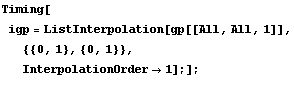 Timing[igp = ListInterpolation[gp[[All, All, 1]], {{0, 1}, {0, 1}}, InterpolationOrder -> 1] ;] ; 

