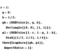
r = 1 ; 
g = 0 ; 
b = 1/2 ; 
gh = {RGBColor[r, g, b], Rectangle[{0, 0}, {1, 1}]} ; 
g1 = {R ... or[1 - r, 1 - g, 1 - b], Disk[{1/2, 1/2}, 1/6]} ; 
Show[Graphics[{gh, g1}], AspectRatio -> 1] ; 

