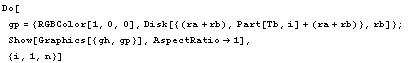 Do[
gp = {RGBColor[1, 0, 0], Disk[{(ra + rb), Part[Tb, i] + (ra + rb)}, rb]} ; 
Show[Graphics[{gh, gp}], AspectRatio -> 1], 
 {i, 1, n}]