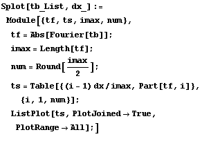 Splot[tb_List, dx_] := Module[{tf, ts, imax, num}, 
tf = Abs[Fourier[tb]] ; 
imax = Length[t ...  1) dx/imax, Part[tf, i]}, {i, 1, num}] ; 
ListPlot[ts, PlotJoined -> True, PlotRange -> All] ;] 
